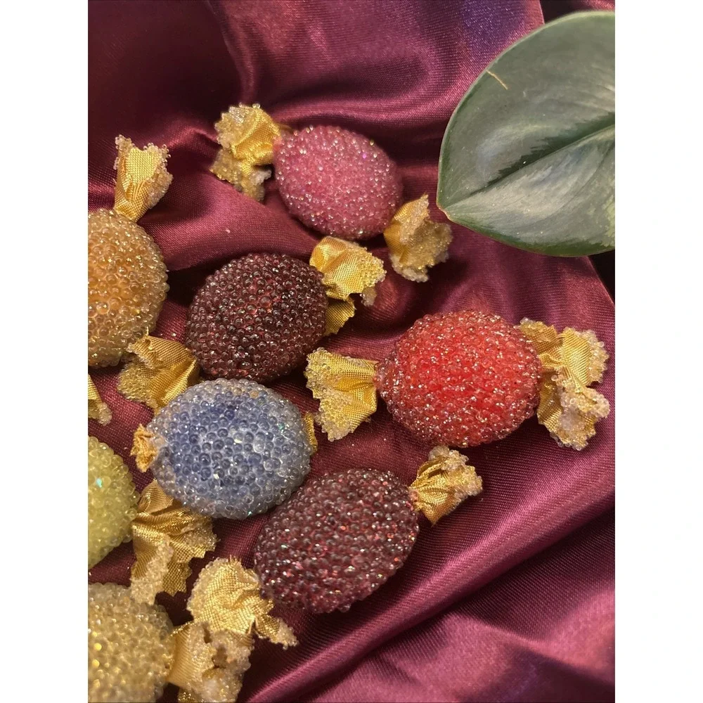 12 Rare Vintage Beaded Candy Pieces Faux‎ Sugared Gold Wrapper MCM display